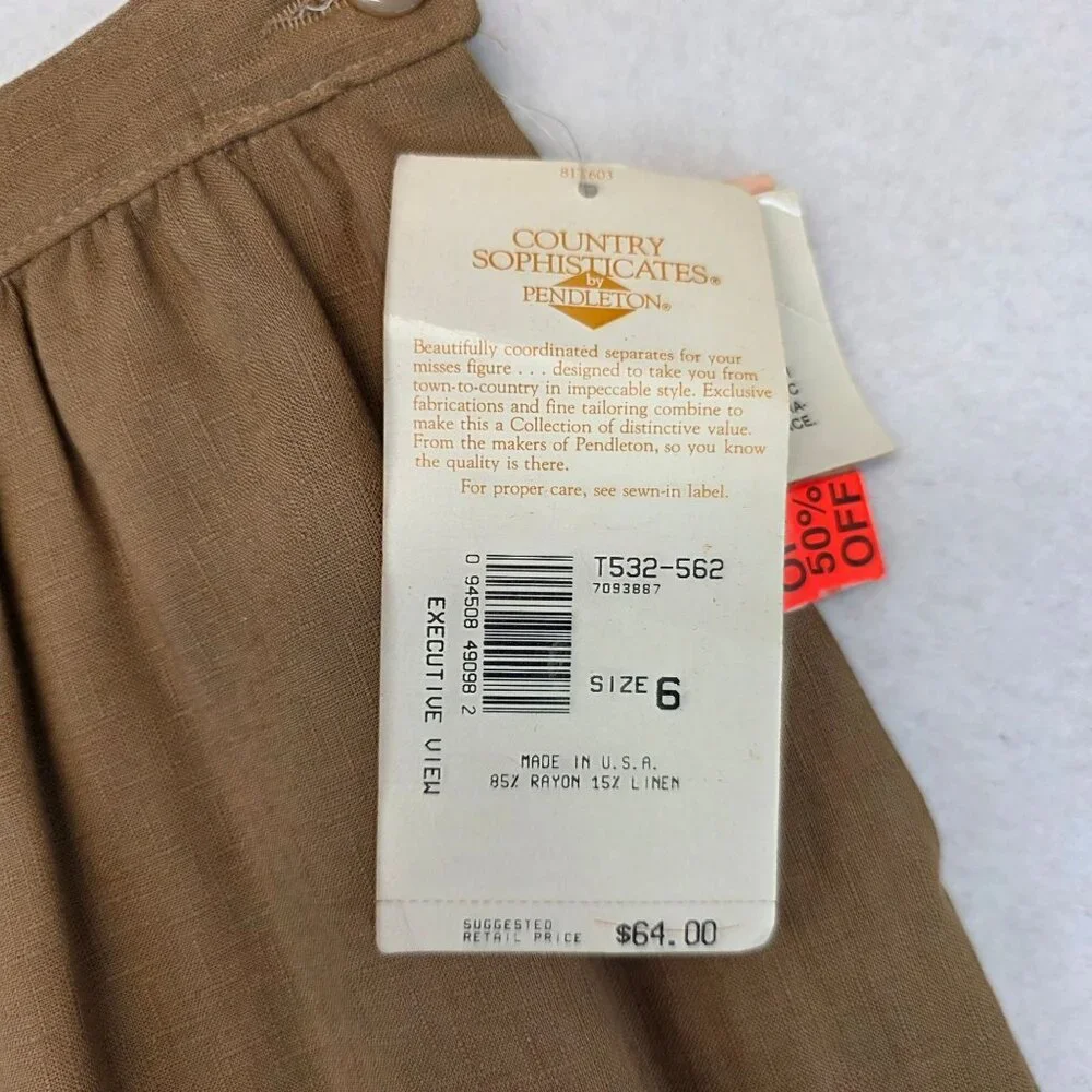 Vintage Pendleton Linen Pencil Skirt 6 Brown USA Business Academia Deadstock